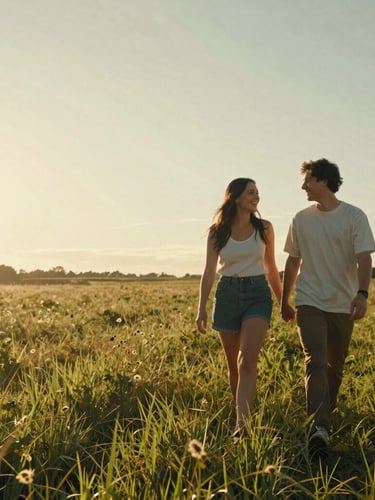 Cinematic portrait of a couple walking through a sun-drenched meadow at golden hour, warm lens flare, soft low-angle light, authentic laughter, wide framing with negative space on the left.