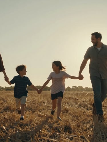 Wide cinematic shot of a family running hand-in-hand through a dry grassy field, warm low-angle sunset light casting long shadows, candid interaction, authentic movement.