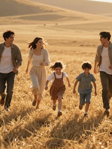 Cinematic medium shot of a young family running through a sun-drenched golden meadow, low-angle warm light casting long shadows, authentic smiles, candid motion.