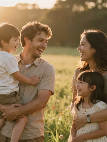 Cinematic portrait of a family laughing together in a sun-drenched meadow, warm low golden hour light, soft lens flare, authentic emotion.