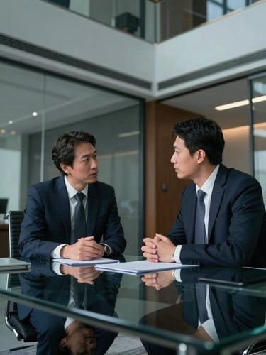 Low-angle medium shot of two professionals in deep strategic discussion around a glass table in a modern, high-end law office, cool corporate daylight, sharp shadows, deep navy and charcoal tones, architectural framing, 35mm lens.