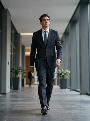 A professional lawyer in a sharp dark suit walking purposefully down a modern corporate hallway, low-angle medium shot, cool daylight, 35mm lens
