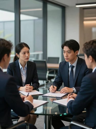 Two professionals, one lawyer and one psychologist, in strategic discussion at a modern office, glass table, documents, focused and serious expressions, cool corporate daylight, deep navy and charcoal tones, 35mm lens.