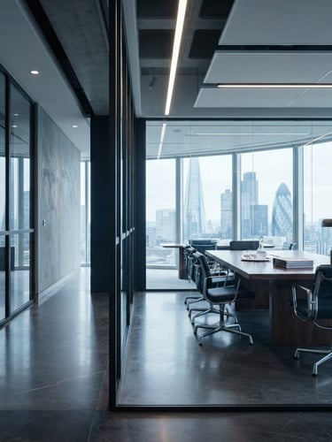 Modern corporate law office interior, sharp architectural lines, glass tables, cool daylight, deep navy and charcoal tones, 35mm lens, low angle, no people.
