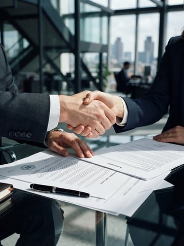 Close-up of a professional handshake over legal documents on a modern glass desk, cool corporate daylight, sharp shadows, deep navy and charcoal tones, architectural framing, 35mm lens.