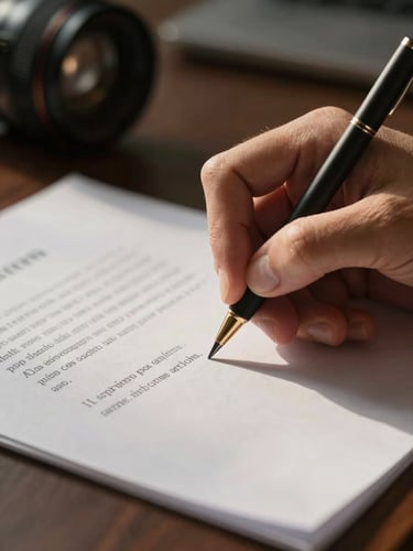 Macro close-up of hands signing physical documents on textured paper, soft side-lighting with a warm chiaroscuro effect, luxury office setting.