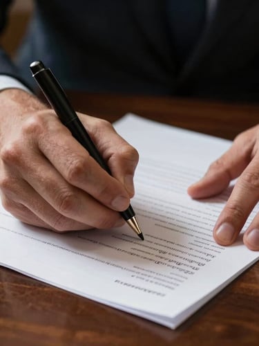 Macro close-up of hands in soft side-lighting signing a thick textured paper document on an executive dark wood desk