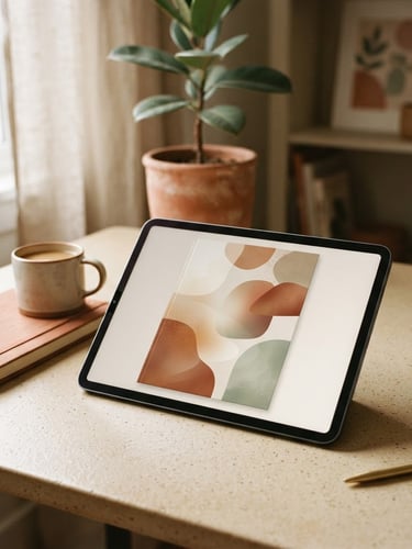 Digital e-book mockup on a sleek tablet screen, angled shot, soft natural window light, oat milk and terracotta tones, minimalist desk setup, 35mm