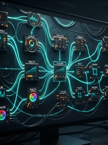 Macro shot of a digital node-based video editing interface with glowing electric teal lines and cybernetic amber highlights, high-contrast cinematic lighting, 16:9 aspect ratio