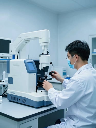 Clean modern medical equipment laboratory, certified technician calibrating a high-tech diagnostic machine, cool sterile lighting, blue tones