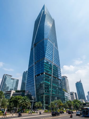 Wide-angle architectural photography of a soaring modern Jakarta skyscraper, crisp daylight reflecting off deep blue glass facades, clean institutional scale.