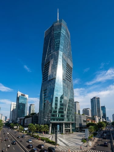 Wide-angle architectural photograph of a modern Indonesian skyscraper in Jakarta CBD, bright natural daylight, deep blue sky, clean glass facade reflecting sunlight, professional corporate aesthetic.