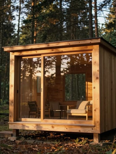 Warm golden hour light filtering through the glass facade of a minimalist timber cabin, surrounded by tall forest trees, 35mm photography.