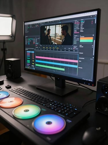 Extreme wide shot of a professional color grading suite, a large reference monitor displaying a high-contrast brand film frame mid-grade, color wheels glowing in the foreground, studio strobes casting hard shadows across the bay, matte black equipment surfaces, no people