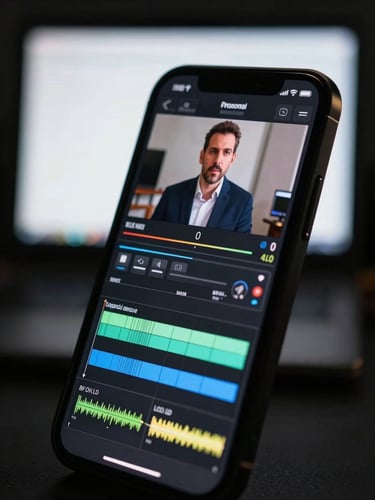 Extreme close-up of a smartphone screen in portrait orientation mid-timeline edit — color grade panel open on a talking-head clip, waveform and LUT controls visible, high-contrast studio monitor glow, deep matte-black environment surrounding the device, no hands visible, technical and controlled