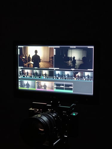 Portrait framing of a director monitor mid-playback on a dark film set, the screen showing a high-contrast graded frame, monitoring rig lit entirely by its own display glow, black environment surrounding it, no people visible