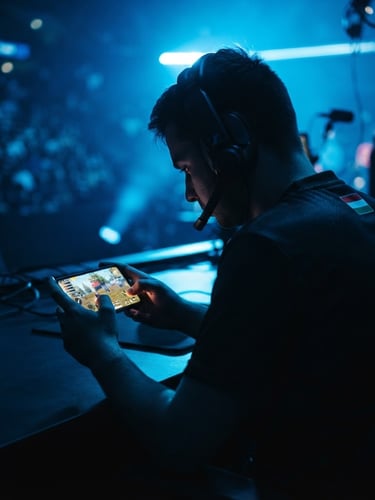 Low-key cinematic esports player silhouette with glowing mobile screen, intense electric blue backlight, deep shadows, Hungarian flag micro-accent on jersey shoulder, 35mm anamorphic lens.