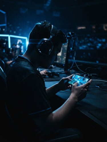 Low-key cinematic esports photography of a player silhouette holding a glowing mobile screen in a dark room, intense electric blue neon rim light, 35mm anamorphic lens