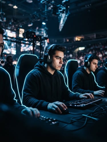 Low-angle heroic portrait of esports players in dark hoodies, electric blue neon rim lighting, deep shadows, cinematic esports photography, 35mm anamorphic lens
