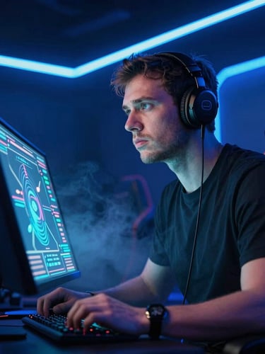 Low-angle heroic portrait of an esports coach looking at a glowing tactical screen in a dark gaming room, intense electric blue neon rim light, smoke atmosphere.