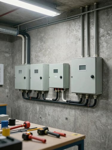 Environmental wide shot of a residential electrical room, junction boxes and conduit runs on a concrete wall, bright fluorescent lighting, tools laid out on a workbench in the foreground, no people visible