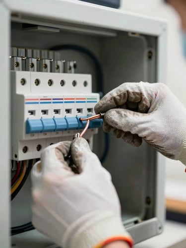 Extreme close-up of electrician hands in work gloves tightening a breaker terminal inside an open residential panel box, copper wires visible, bright even shop lighting, no background blur