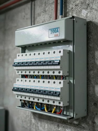 Close-up wide shot of a freshly installed 200A residential electrical panel mounted on a concrete basement wall, breakers aligned, wiring runs neat and labeled, bright shop lighting revealing every connection detail, no people present