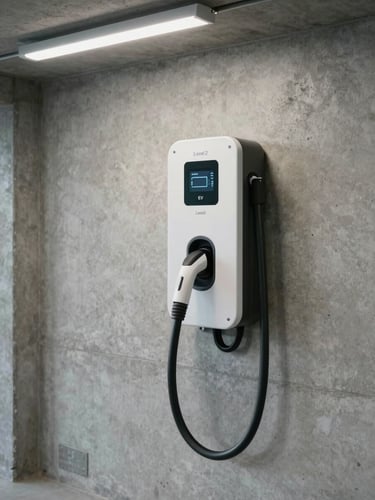 Wide shot of a Level 2 EV charging station mounted flush on a concrete garage wall, charging cable hanging neatly, clear shop lighting from above, no people, focus on the hardware and clean cable management against the wall