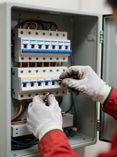 Close-up wide shot of an electrician's gloved hands tightening a breaker connection inside an open residential panel box, bright shop lighting, copper wires visible, panel door open to the right edge of frame
