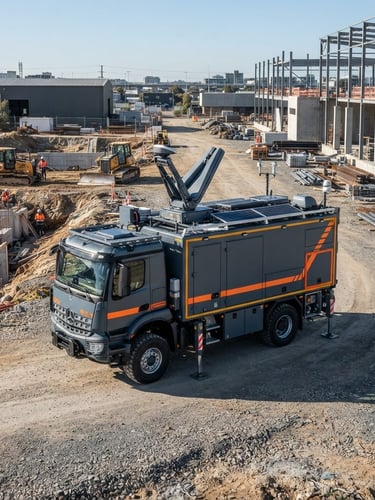Technical commercial photography of a branded mobile ground-station vehicle parked on a structured civil construction site, high-contrast slate and orange tones, sharp focus, crisp daylight.
