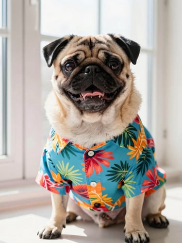 Vibrant studio pet photography, bright natural window light, a happy pug wearing a colorful tropical shirt looking at the camera, 50mm lens