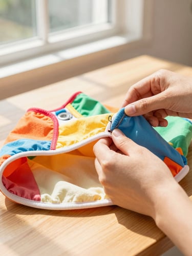Close-up of hands carefully sewing a colorful pet hoodie on a wooden table, warm sunlight filtering through a window, fabric textures visible