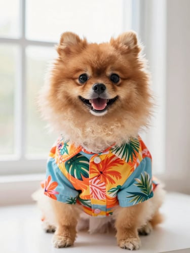 vibrant studio pet photography, a happy fluffy Pomeranian wearing a colorful tropical shirt, bright natural window light, cheerful saturated colors