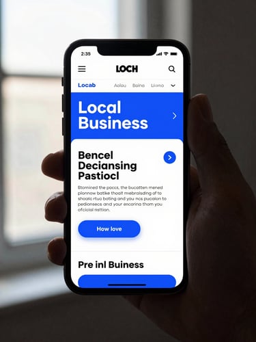 Straight-on studio shot of a modern smartphone displaying a clean, high-contrast local business website with bold typography, sharp shadows, and electric blue accents, natural window light.