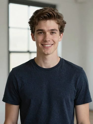 Straight-on studio portrait of Asher, natural window lighting, clean background, professional and approachable