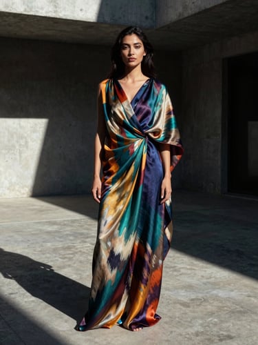 Dramatic editorial portrait of a woman wearing a modern architectural drape dress made of hand-loomed Bukhara silk Ikat, standing in a sunlit minimalist concrete courtyard with deep, high-contrast shadows.