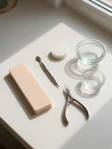 Overhead flat-lay of manicure tools arranged on a warm white surface — file, buffer, cuticle pusher, small glass bowls — natural window light, no shadows, clean and deliberate