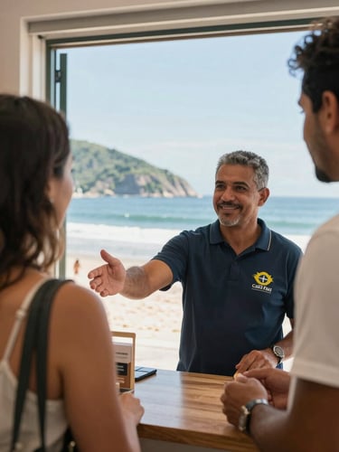 Bright environmental shot of a local Brazilian store owner welcoming a customer in Cabo Frio, natural coastal daylight, honest framing.