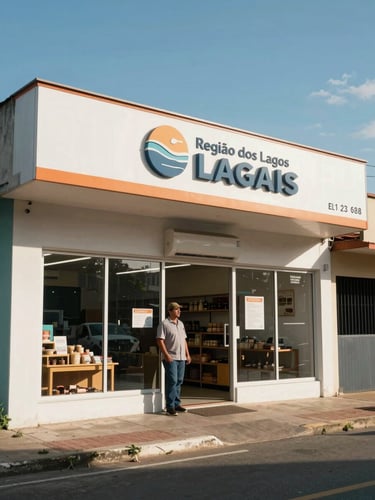 Wide environmental shot of a local commercial storefront in Região dos Lagos, bright natural Brazilian coastal daylight, clear blue sky, a local business owner standing near the entrance.