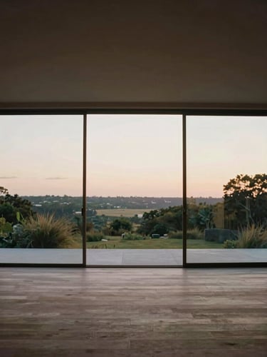 Wide-angle interior shot of a minimalist living pavilion, looking out through massive floor-to-ceiling glass to a serene landscape at twilight, soft natural lighting, straight lines.