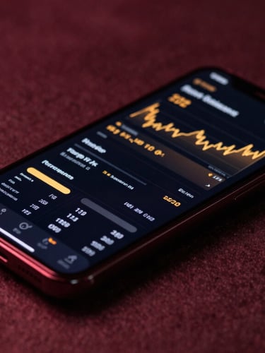 Sleek modern smartphone displaying a dark-mode financial dashboard, resting on a dark concrete surface, dramatic wine-red side lighting, golden-amber reflections, macro shot, 35mm