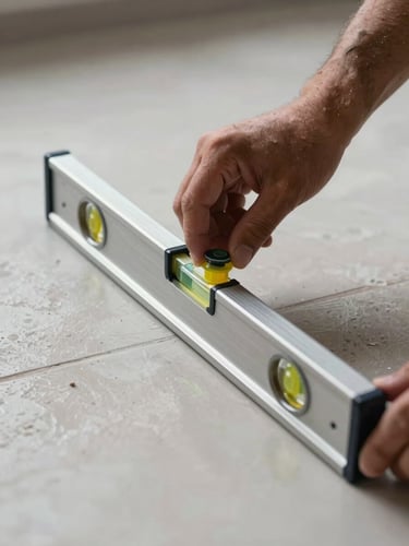 Primer plano técnico de un sistema de nivelación de azulejos sobre porcelanato recién colocado, con un nivel de burbuja alineado con precisión milimétrica bajo luz natural clara.