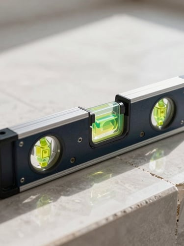 Primer plano de un nivelador de burbuja sobre una junta de porcelanato recién instalado, mostrando nivelación perfecta bajo luz natural brillante.