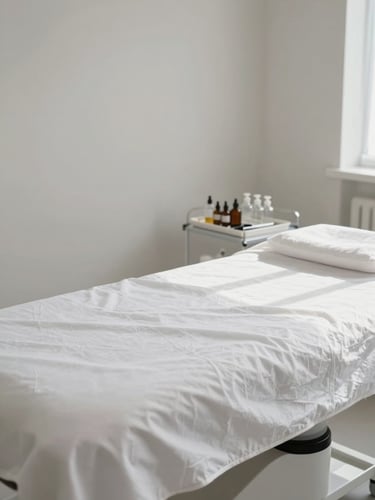 Wide shot of a clean, minimal treatment room in soft north-facing daylight — white linens on a treatment table, a small tray of precisely arranged glass bottles and tools, no decorative elements, clinical calm
