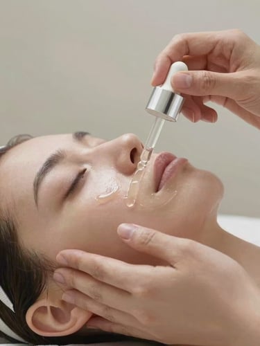 Extreme close-up of a practitioner's hands applying a translucent serum to clean skin on a treatment table, north-facing diffused daylight, clinical neutral background, precise and unhurried