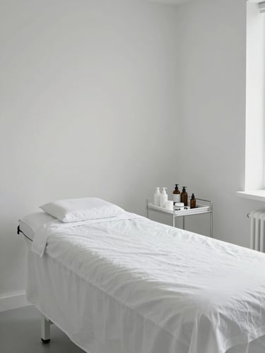 Wide environmental shot of a minimal aesthetic treatment room in clean diffused daylight, white walls, a clean treatment bed with crisp linen, a small tray of precisely arranged bottles and tools to one side, no person visible, calm and orderly