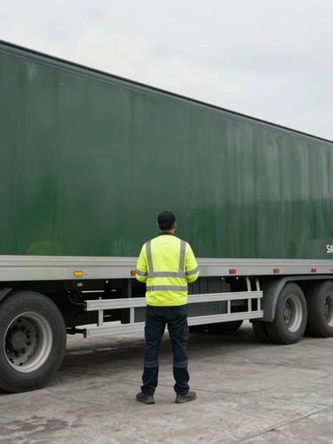 Professional logistics coordinator in high-visibility safety gear standing beside a flatbed trailer at the Saint Joseph hub, realistic grit, overcast daylight.
