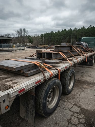 Low-angle wide shot of a clean commercial flatbed trailer with heavy steel cargo secured by heavy-duty orange straps, overcast Michigan daylight, desaturated steel and forest green tones, realistic grit