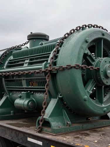 Gritty close-up of heavy steel chains securing a massive industrial generator to a flatbed trailer, overcast Michigan daylight, desaturated steel and deep green tones.