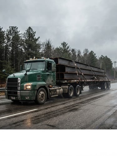 Low-angle wide shot of a loaded commercial flatbed truck hauling heavy steel beams on an overcast Michigan highway, desaturated steel and forest green tones, realistic grit
